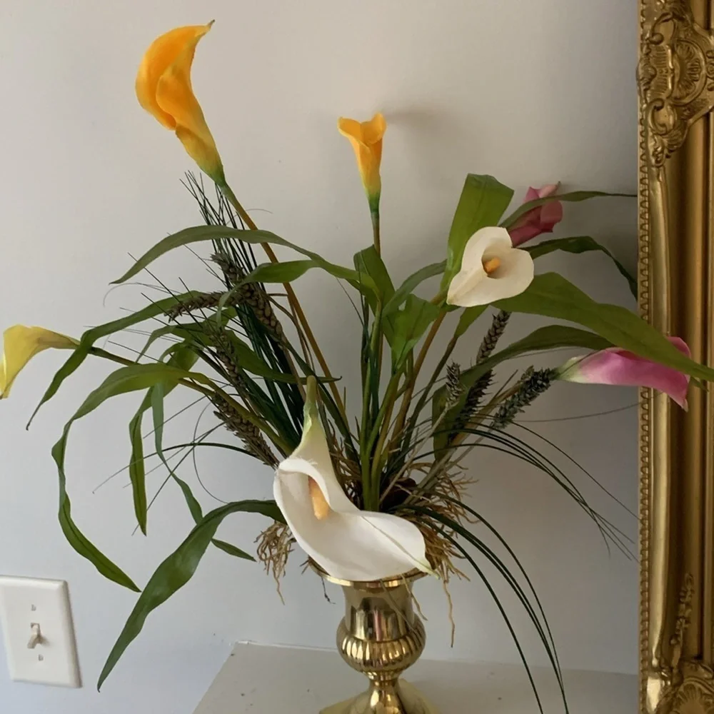 Brass pedestal‎ vase calla Lilly arrangements dry and faux greenery home decor
